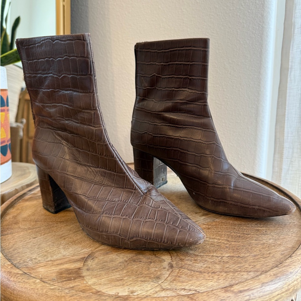 RAYE Brown Crocodile Ankle Booties with Block Heel
